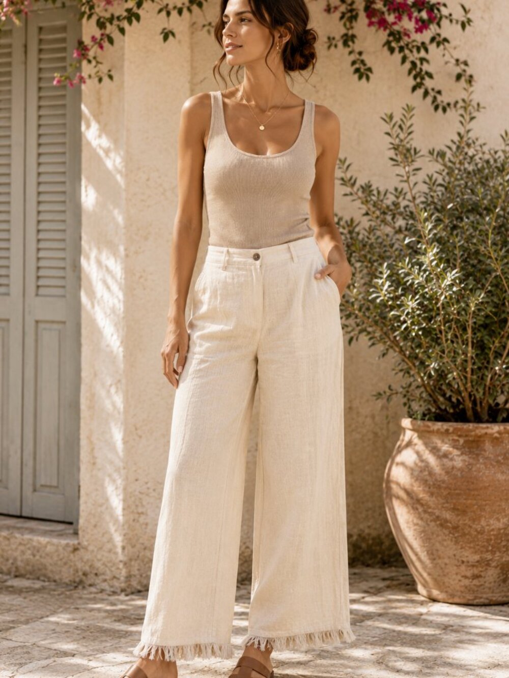 Theory Linen Pants Womens 10 White Wide Leg Frayed Hem Coastal Resort Minimalist